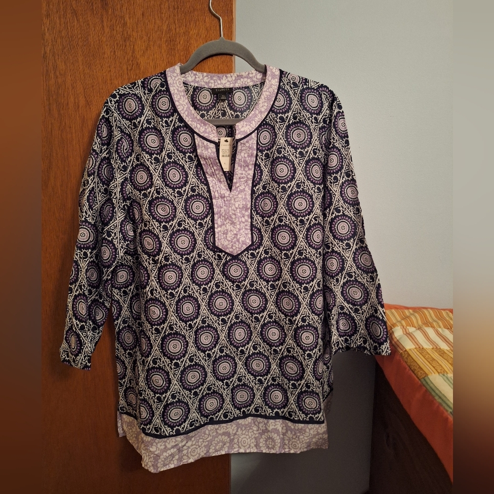 Talbots NWT Women's Purple Patterned Tunic 3/4 Sleeves Lightweight Size XL
